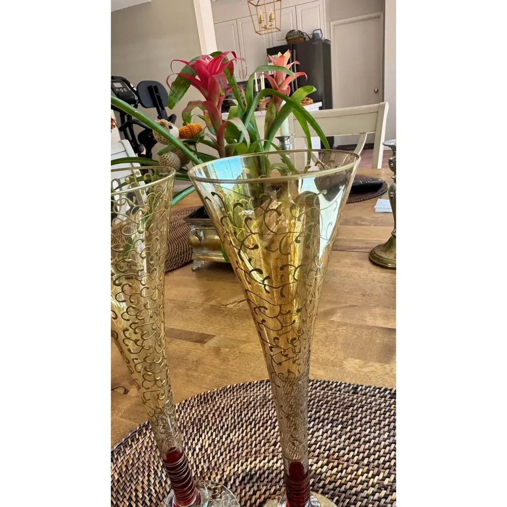 Pier 1 Imports Rioja Ruby and Gold Hand Painted Champagne Flute Glasses